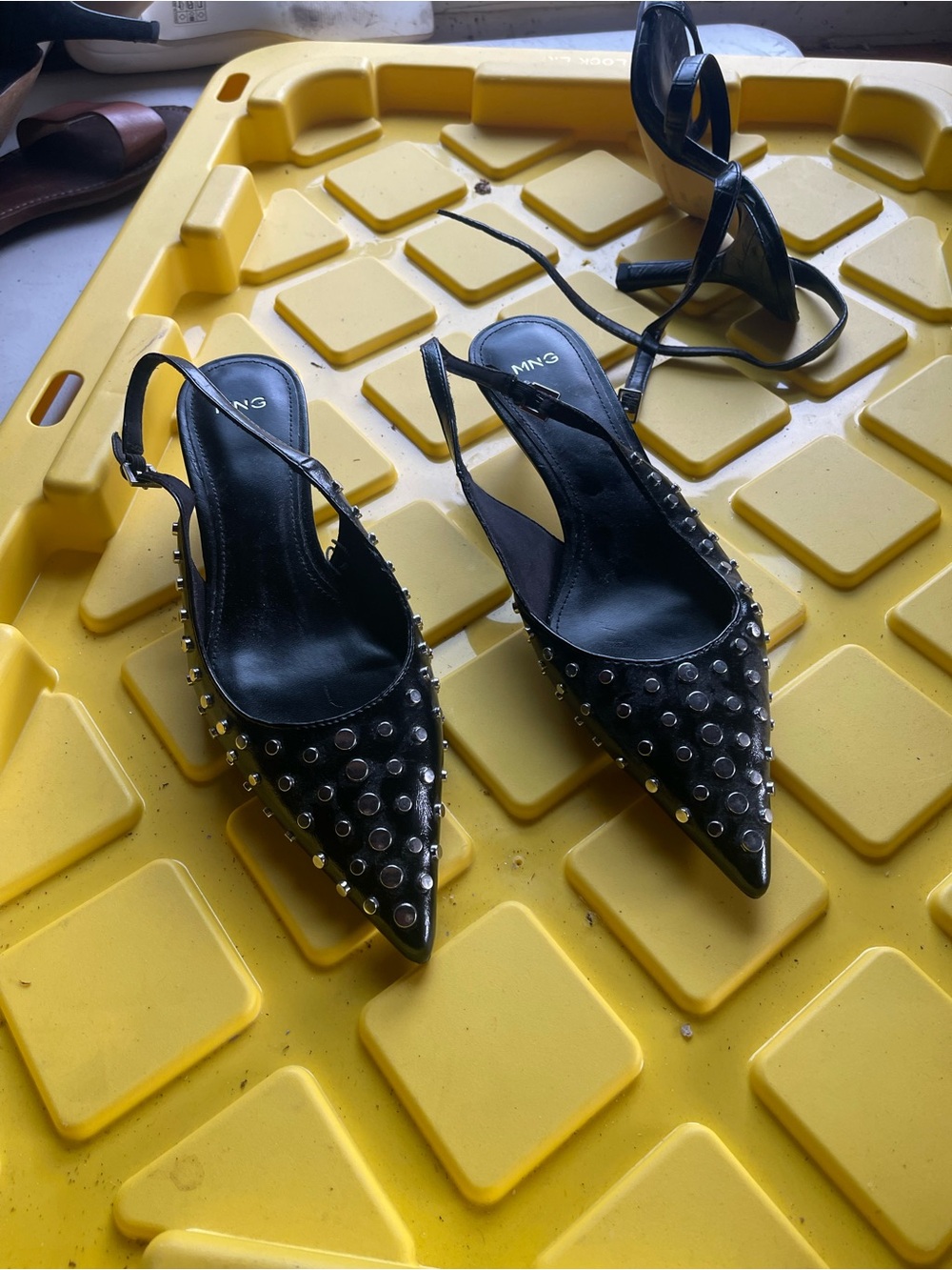 Mango Black Studded Pointed-Toe Slingback Heels